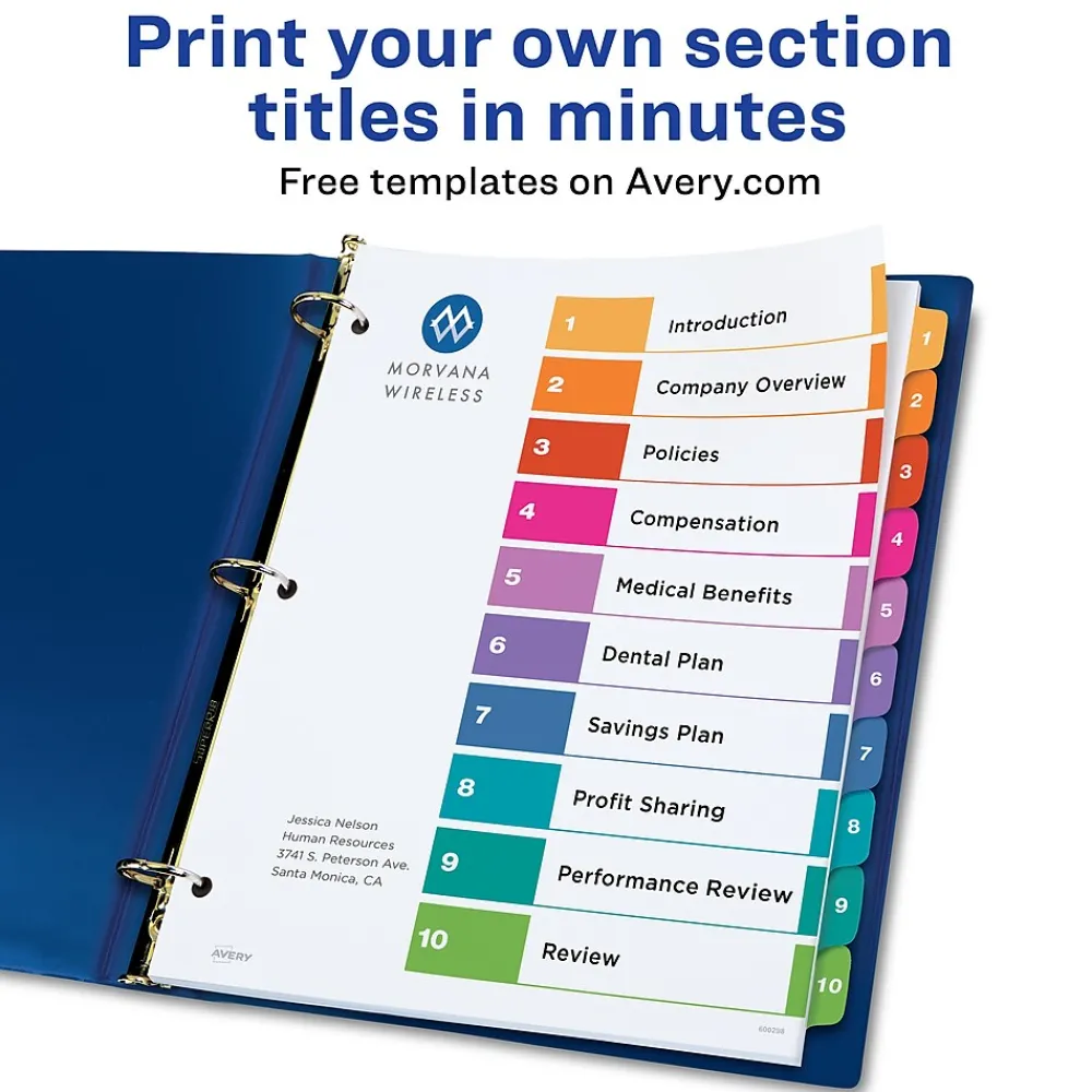 Dividers|Avery Ready Index Table of Contents EcoFriendly Paper Dividers, 1-10 Tabs, Multicolor, 3 Sets/Pack (11082)