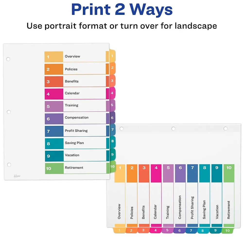 Dividers|Avery Ready Index Table of Contents EcoFriendly Paper Dividers, 1-10 Tabs, Multicolor, 3 Sets/Pack (11082)