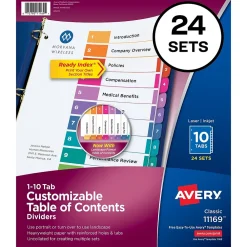 Dividers|Avery Ready Index Table of Contents Paper Dividers, 1-10 Tabs, Multicolor, 24 Sets/Box (11169)