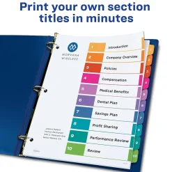 Dividers|Avery Ready Index Table of Contents Paper Dividers, 1-10 Tabs, Multicolor, 24 Sets/Box (11169)