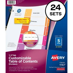 Dividers|Avery Ready Index Table of Contents Paper Dividers, 1-5 Tabs, Multicolor, 24 Sets/Box (11167)