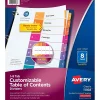 Dividers|Avery Ready Index Table of Contents Paper Dividers, 1-8 Tabs, Multicolor, 24 Sets/Box (11168)