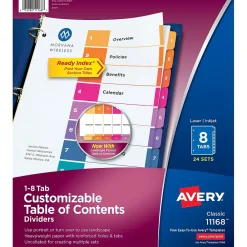 Dividers|Avery Ready Index Table of Contents Paper Dividers, 1-8 Tabs, Multicolor, 24 Sets/Box (11168)