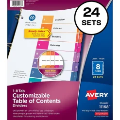 Dividers|Avery Ready Index Table of Contents Paper Dividers, 1-8 Tabs, Multicolor, 24 Sets/Box (11168)