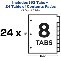 Dividers|Avery Ready Index Table of Contents Paper Dividers, 1-8 Tabs, Multicolor, 24 Sets/Box (11168)