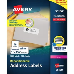 Sale Avery Repositionable Laser Address Labels, 1" x 2-5/8", White, 3,000 Labels/Box (55160)