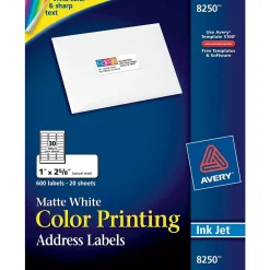 Sale Avery Sure Feed Inkjet Address Labels, 1" x 2-5/8", White, 600 Labels/Pack (8250)