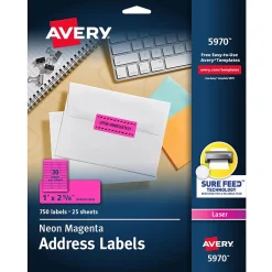Discount Avery Sure Feed Laser Address Labels, 1" x 2 5/8", Neon Magenta, 750 Labels/Pack (5970) Bright Magenta