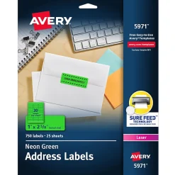 Sale Avery Sure Feed Laser Address Labels, 1" x 2 5/8", Neon Green, 750 Labels/Pack (5971) Bright Green
