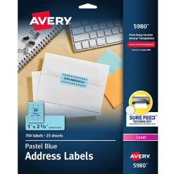 Hot Avery Sure Feed Laser Address Labels, 1" x 2 5/8", , 750 Labels/Pack (5980) Pastel Blue