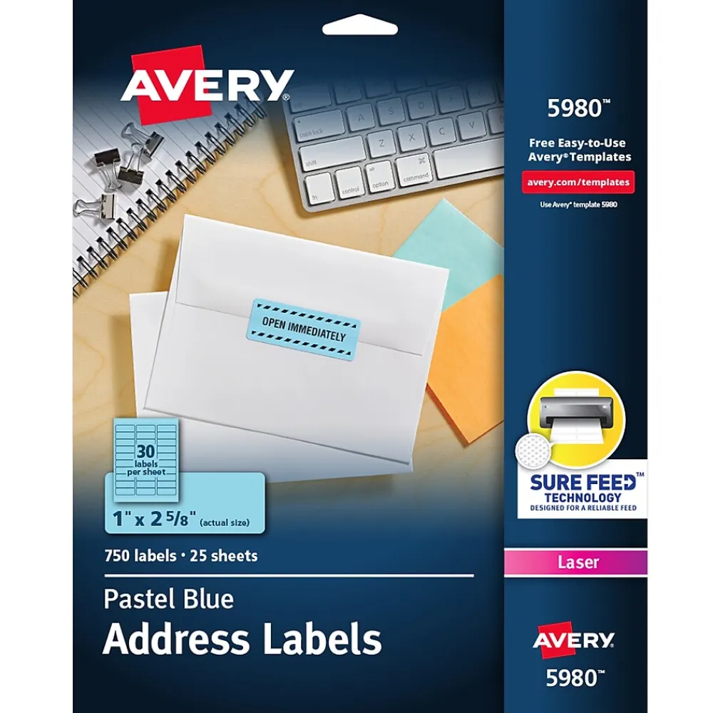 Hot Avery Sure Feed Laser Address Labels, 1" x 2 5/8", , 750 Labels/Pack (5980) Pastel Blue
