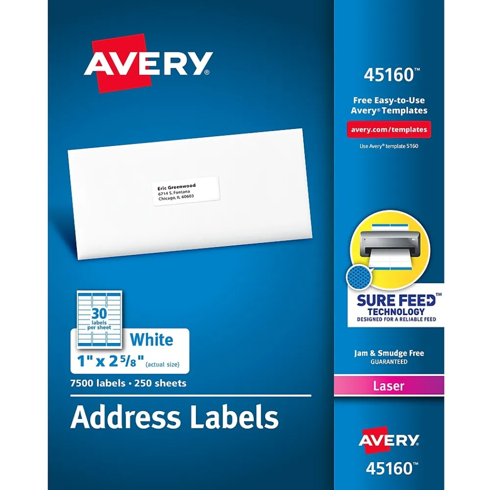 New Avery Sure Feed Laser Address Labels, 1" x 2-5/8", White, 7,500 Labels/Box (45160)