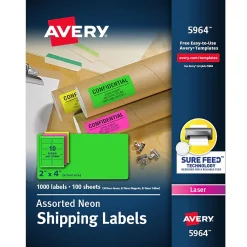New Avery Sure Feed Laser Shipping Labels, 2"x 4", Neon Assorted, 1,000 Labels/Box (5964)