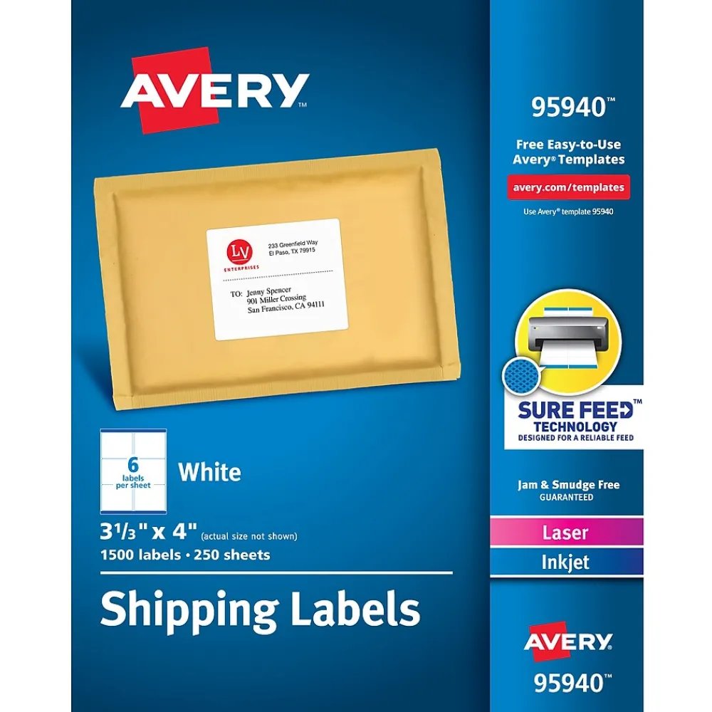 Online Avery Sure Feed Laser/Inkjet Shipping Labels, 3-1/3" x 4", White, 1,500 Labels/Box (95940)