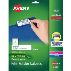 Labels|Avery Sure Feed Laser/Inkjet Extra Large File Folder Labels, 15/16" x 3-7/16", White, 450 Labels/Pack (8425)