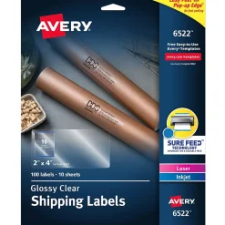 Outlet Avery Sure Feed Laser/Inkjet Shipping Labels, 2" x 4", Glossy Clear, 100 Labels/Box (6522)