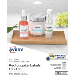 Labels|Avery Sure Feed Laser/Inkjet Durable Labels, 1.25" x 1.75", White, 256 Labels/Pack (22828)
