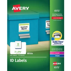 Outlet Avery Sure Feed Laser/Inkjet ID Labels, 2" x 2-5/8", White, 225 Labels/Pack (6572)