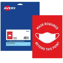 Avery Surface Safe "Mask Required Beyond This Point" Preprinted Wall Decals, 7" x 10", Red/White, 5 Pack (83177)