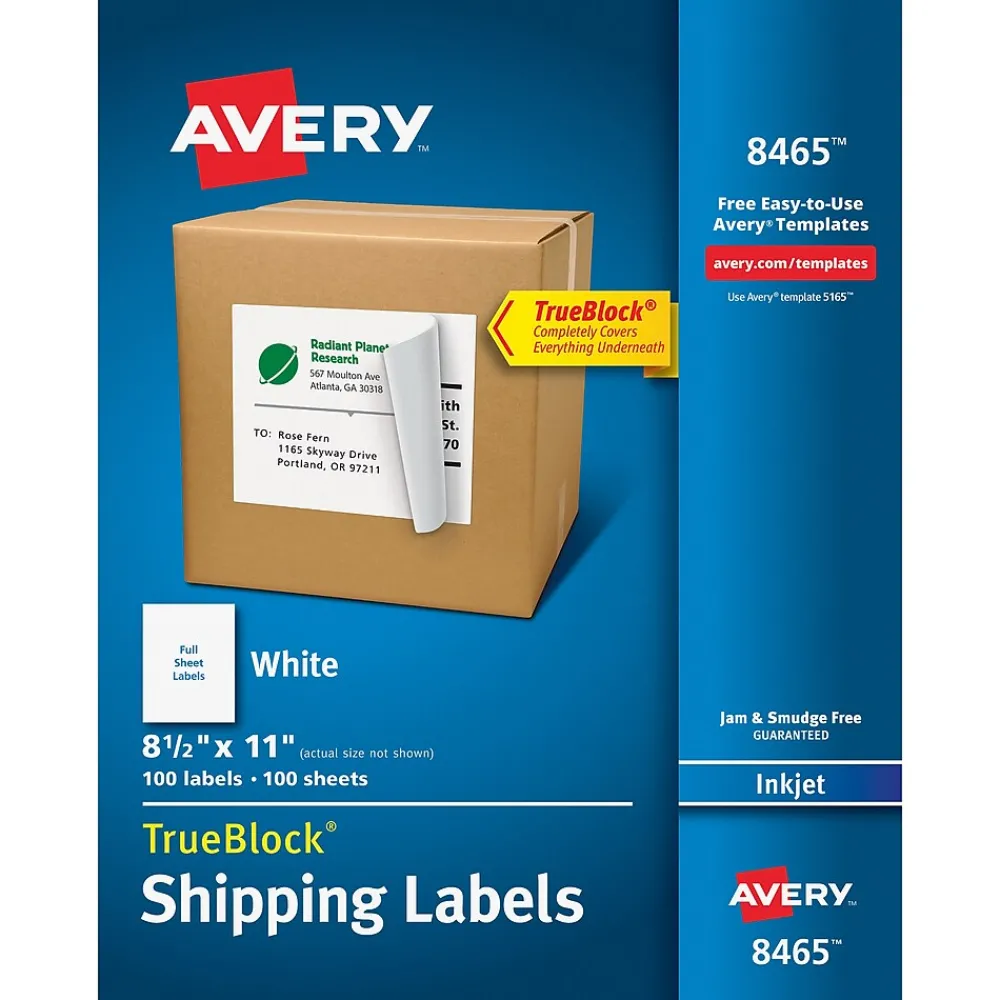 Hot Avery TrueBlock Inkjet Shipping Labels, 8-1/2" x 11", White, 100 Labels/Box (8465)