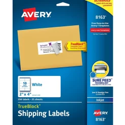 Avery TrueBlock Inkjet Shipping Labels, 2" x 4", White, 250 Labels/Pack (8163)