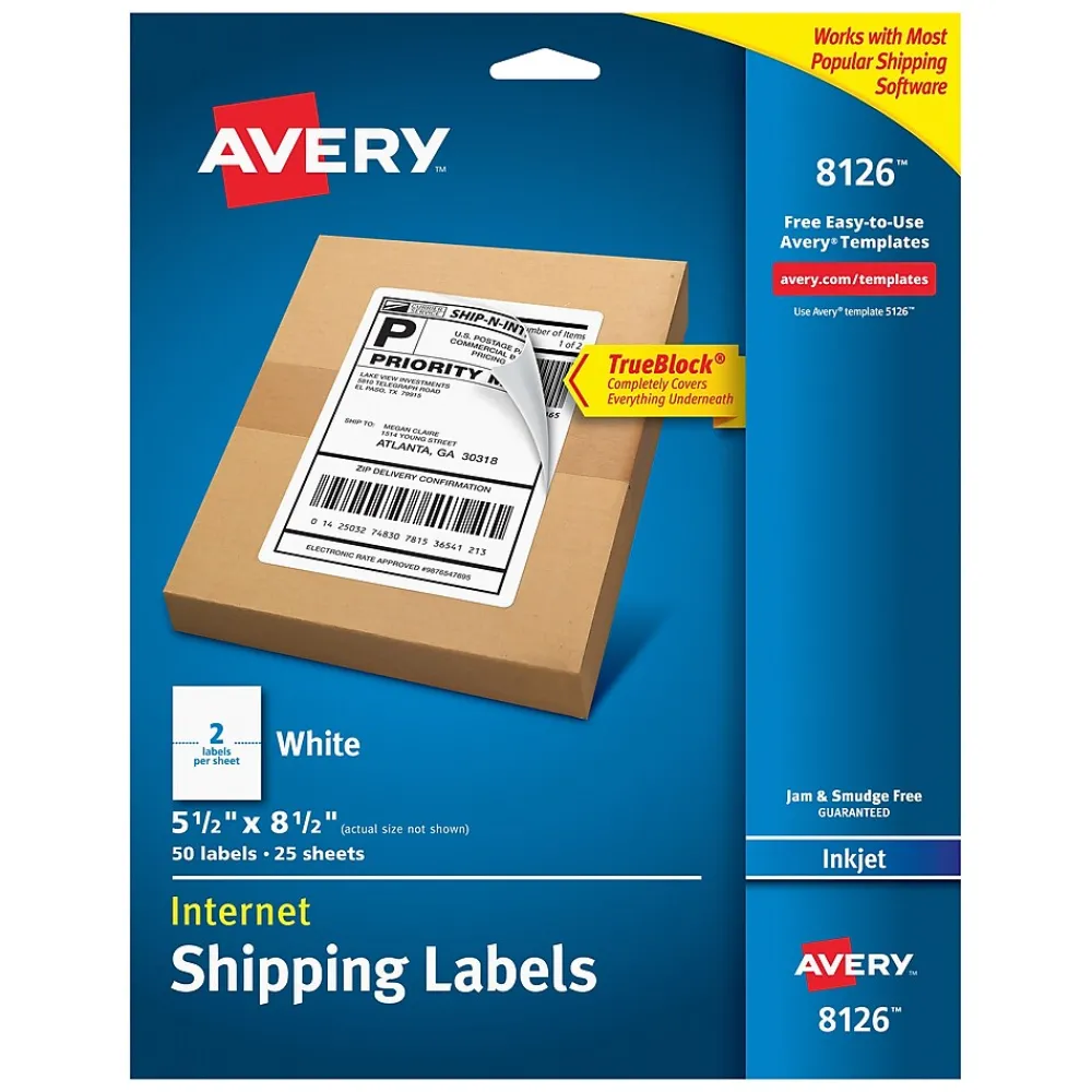 Outlet Avery TrueBlock Inkjet Shipping Labels, 5-1/2" x 8-1/2", White, 50 Labels/Pack (8126)