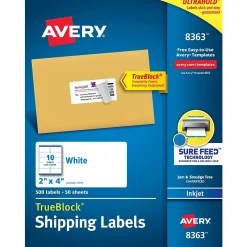 Labels|Avery TrueBlock Inkjet Shipping Labels, 2" x 4", White, 500 Labels/Box (8363)