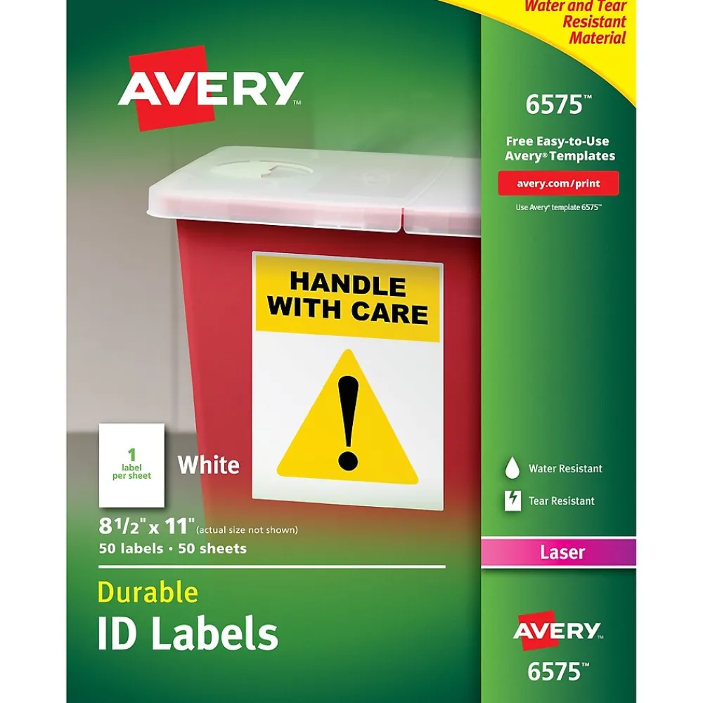 Labels|Avery TrueBlock Laser Durable ID Labels, 8-1/2" x 11", White, 50 Labels/Box (6575)