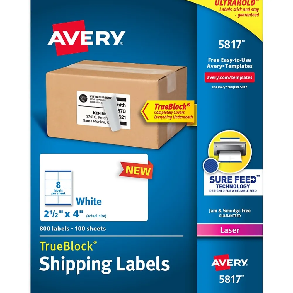New Avery TrueBlock Laser Shipping Labels, 2-1/2" x 4", White, 800 Labels/Box (5817)