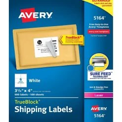 Discount Avery TrueBlock Laser Shipping Labels, 3-1/3" x 4", White, 600 Labels/Box (5164)