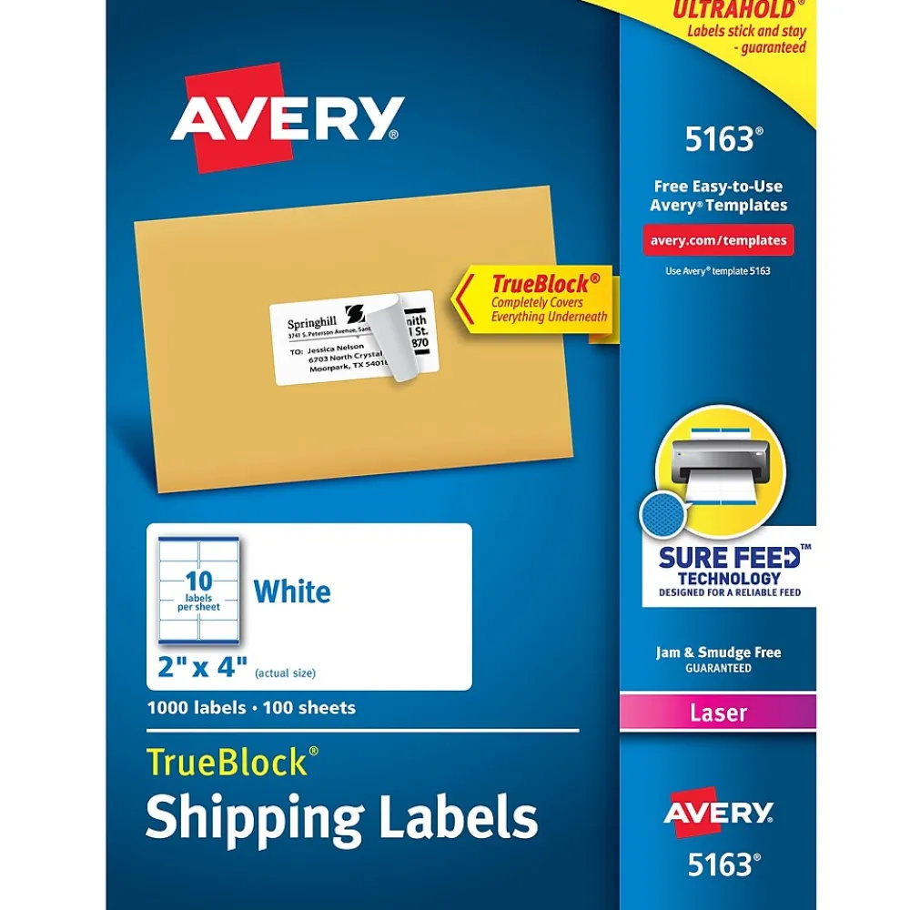 New Avery TrueBlock Laser Shipping Labels, 2" x 4", White, 1,000 Labels/Box (5163)