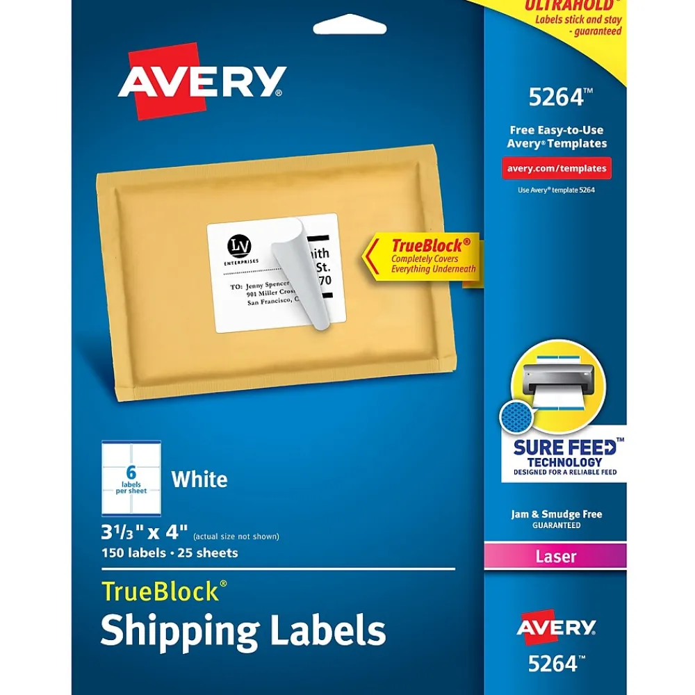 Sale Avery TrueBlock Laser Shipping Labels, 3-1/3" x 4", White, 150 Labels/Pack (5264)