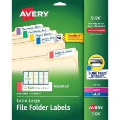 Labels|Avery TrueBlock Laser/Inkjet Extra Large File Folder Labels, 15/16" x 3-7/16", Assorted Colors, 450 Labels/Pack (5026)