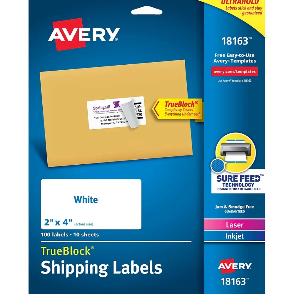 New Avery TrueBlock Shipping Labels, 2" x 4", White, 100 Labels/Pack (18163)