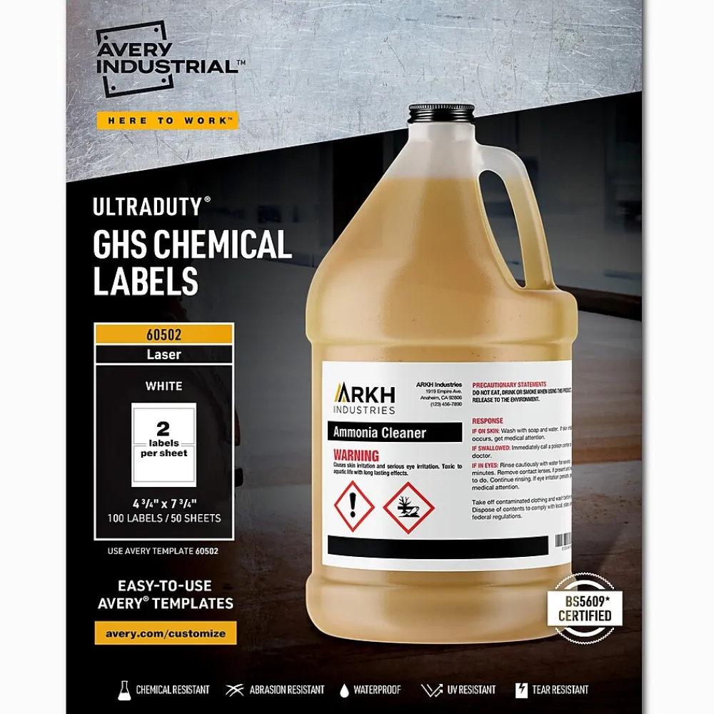 Labels|Avery UltraDuty Waterproof Laser GHS Chemical Labels 4-3/4" x 7-3/4", White, 100 Labels/Box (60502)