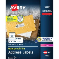 Best Avery Waterproof Laser Address Labels, 1" x 2-5/8", Matte White, 1,500 Labels/Box (5520)