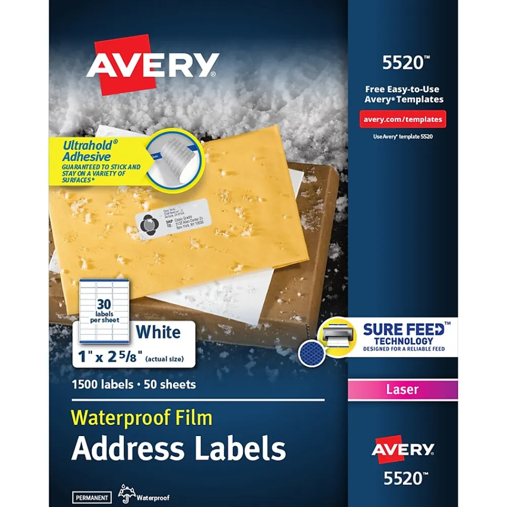 Best Avery Waterproof Laser Address Labels, 1" x 2-5/8", Matte White, 1,500 Labels/Box (5520)