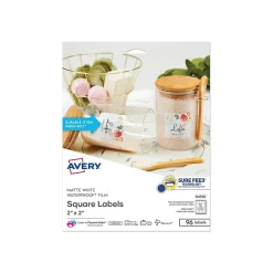 Labels|Avery Waterproof Laser/Pigment-Inkjet Square Labels, 2" x 2", Glossy White, 96 Labels/Pack (64510)
