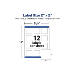 Labels|Avery Waterproof Laser/Pigment-Inkjet Square Labels, 2" x 2", Glossy White, 96 Labels/Pack (64510)
