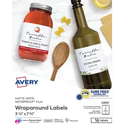 Labels|Avery Waterproof Wraparound Laser/Pigment-Inkjet Rectangle Labels, 3 1/4" x 7 3/4", White, 16 Labels/Pack (22835)