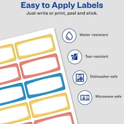 Labels|Avery Water-Resistant Laser/Inkjet ID Labels on 4" x 6" Sheets, 3/4" x 1-3/4", Assorted Border Colors, 60 Labels/Pack (41442)