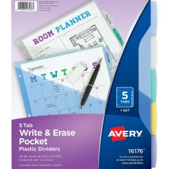 Dividers|Avery Write & Erase Pocket Plastic Dividers, 5 Tabs, Multicolor (16176)