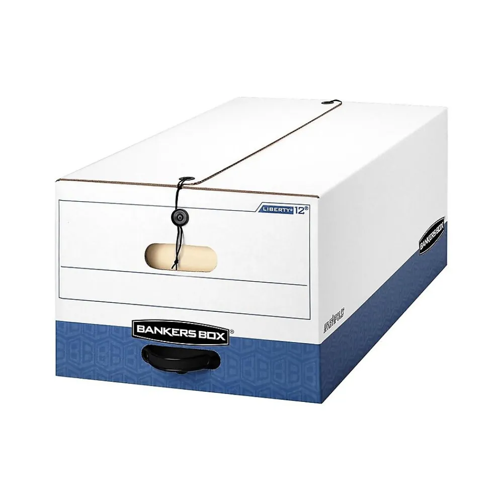 File Storage|Bankers Box® Bankers Box Heavy-Duty Corrugated File Storage Boxes, String & Button, Legal Size, White/Blue, 12/Carton (00012)