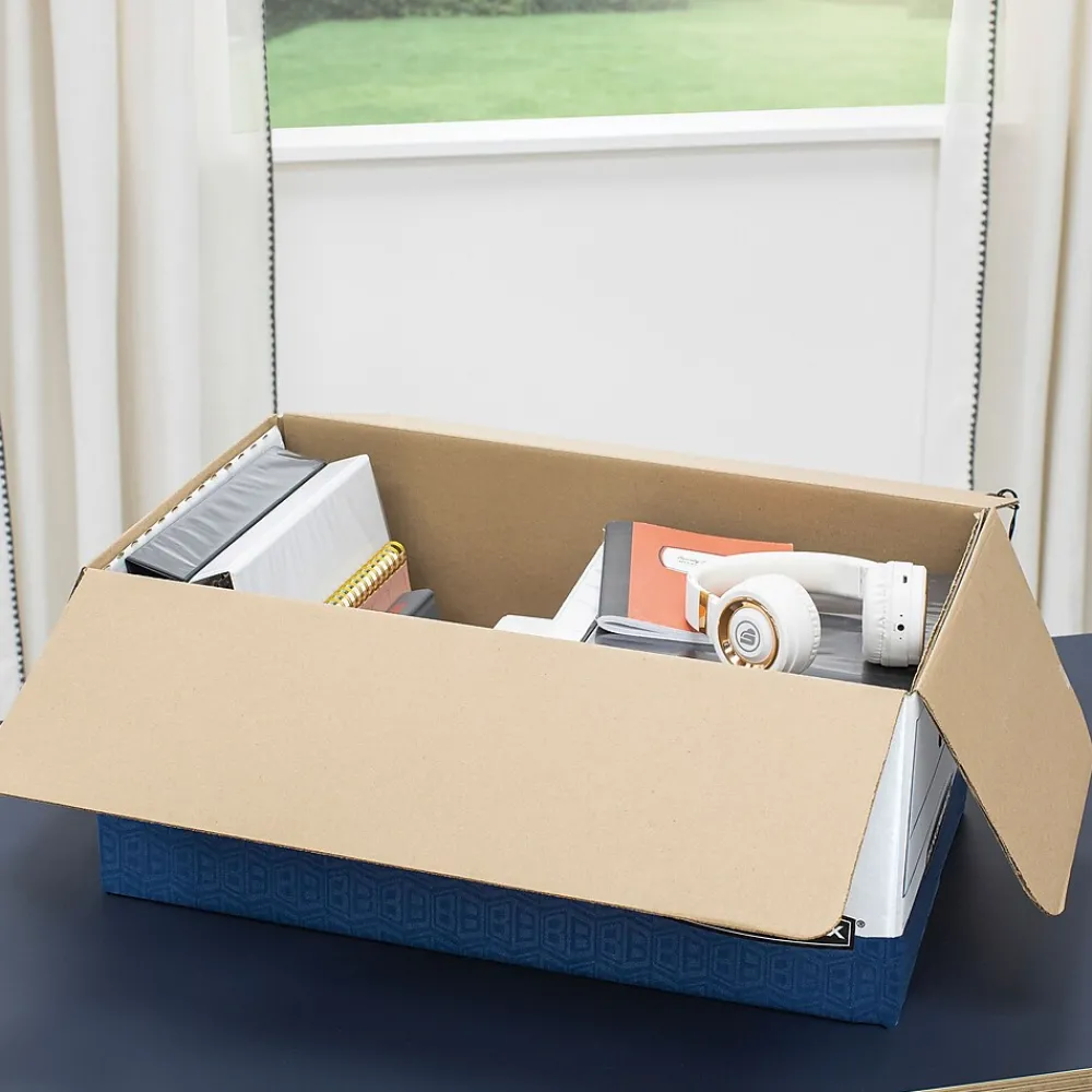 File Storage|Bankers Box® Bankers Box Heavy-Duty Corrugated File Storage Boxes, String & Button, Legal Size, White/Blue, 12/Carton (00012)