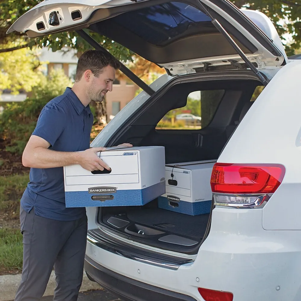 File Storage|Bankers Box® Bankers Box Heavy-Duty Corrugated File Storage Boxes, String & Button, Legal Size, White/Blue, 12/Carton (00012)