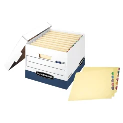 File Storage|Bankers Box® Bankers Box Heavy-Duty FastFold File Storage Boxes, Lift-Off Lid, Letter/Legal Size, White/Blue, 12/Carton (00709)