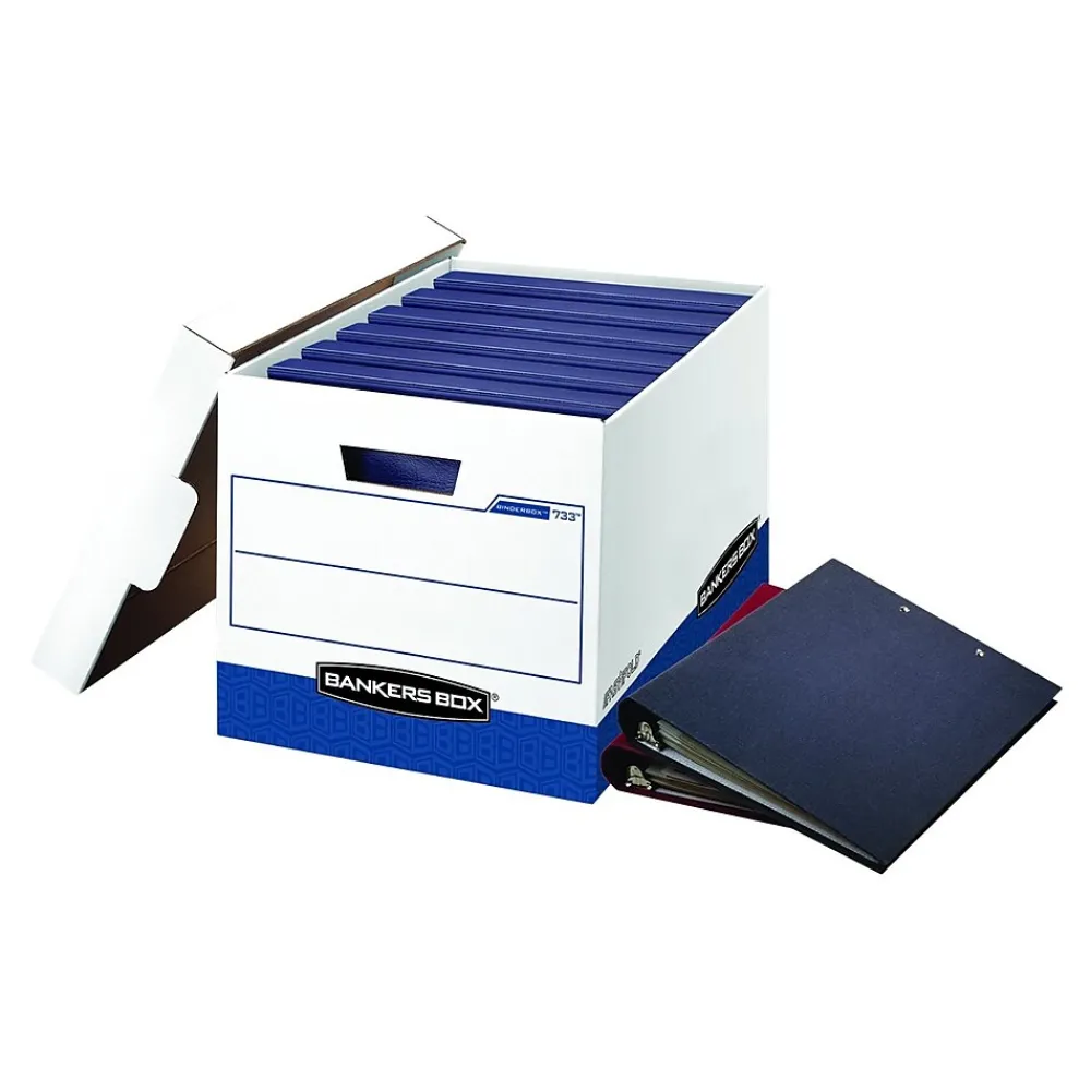 File Storage|Bankers Box® Bankers Box Heavy-Duty FastFold Corrugated File Storage Boxes, Lift-Off Lid, Binder Size, White/Blue, 12/Carton (0073301)