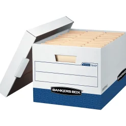 File Storage|Bankers Box® Bankers Box R-Kive Heavy Duty 60% Recycled FastFold Corrugated File Box Lift Off Lid, Letter/Legal Size, White/Blue, 20/Carton