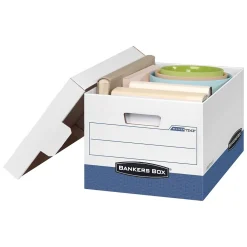 File Storage|Bankers Box® Bankers Box R-Kive Heavy Duty 60% Recycled FastFold Corrugated File Box Lift Off Lid, Letter/Legal Size, White/Blue, 20/Carton