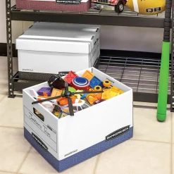 File Storage|Bankers Box® Bankers Box R-Kive Heavy Duty 60% Recycled FastFold Corrugated File Box Lift Off Lid, Letter/Legal Size, White/Blue, 20/Carton